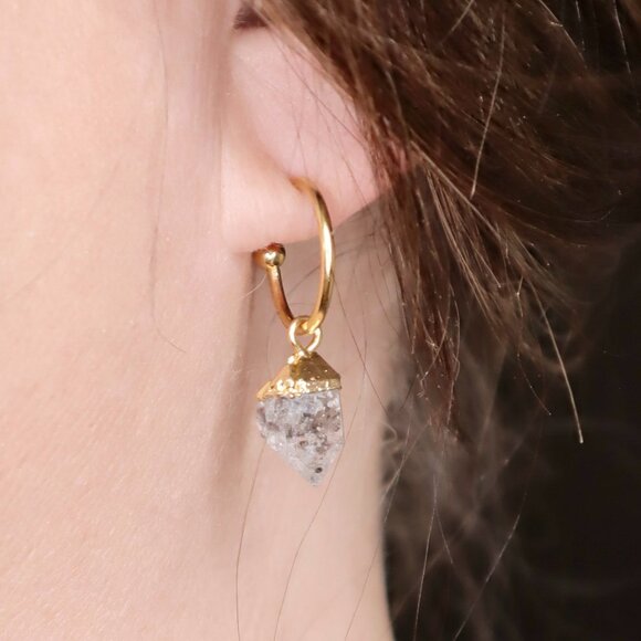 Herkimer Diamond Hoop Earrings | Raw Crystal | 14K Gold Plated - Picture 3 of 5